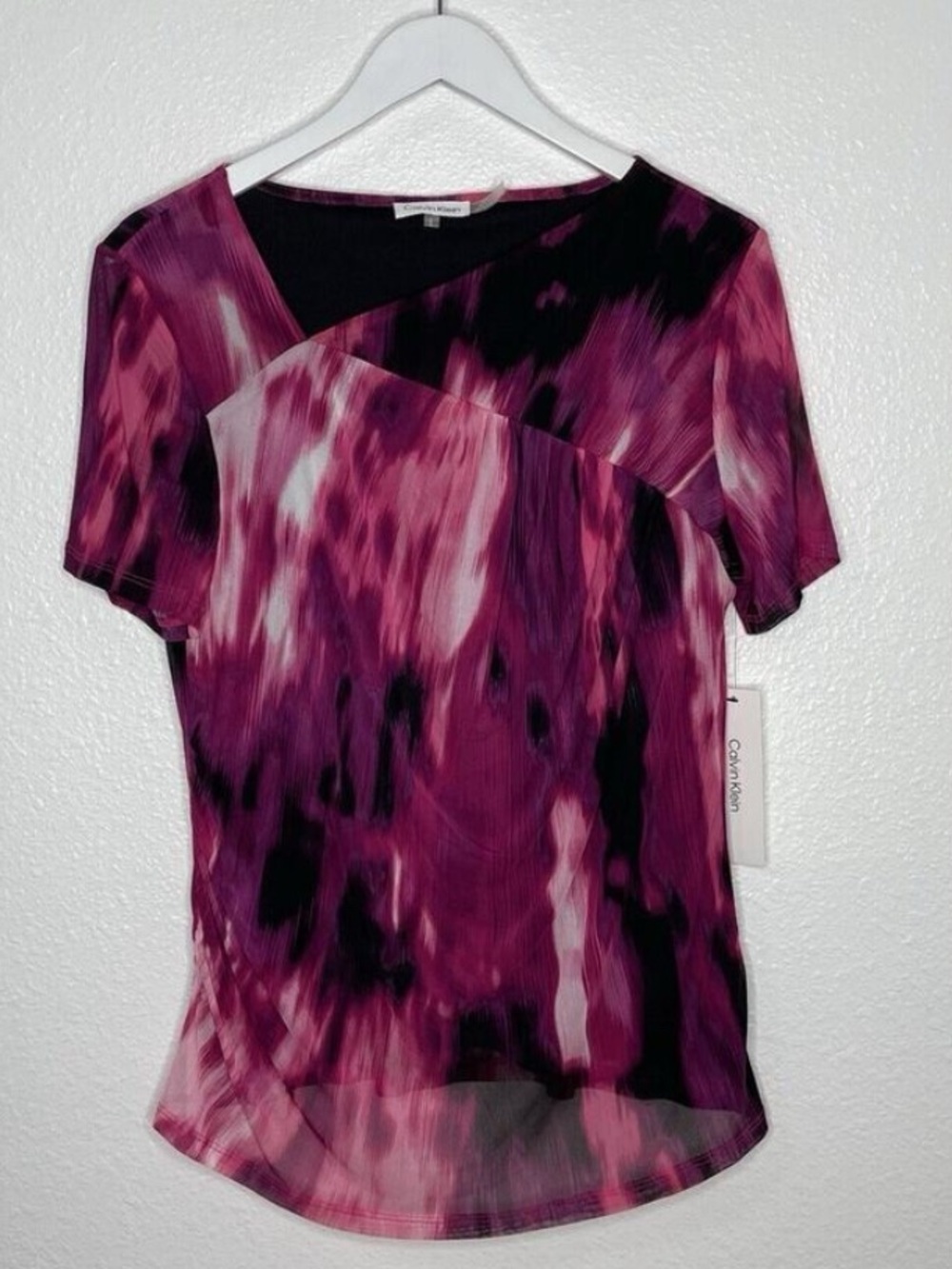 CALVIN KLEIN Black Aubergine Asymmetric Neckline Top Size L NWOT